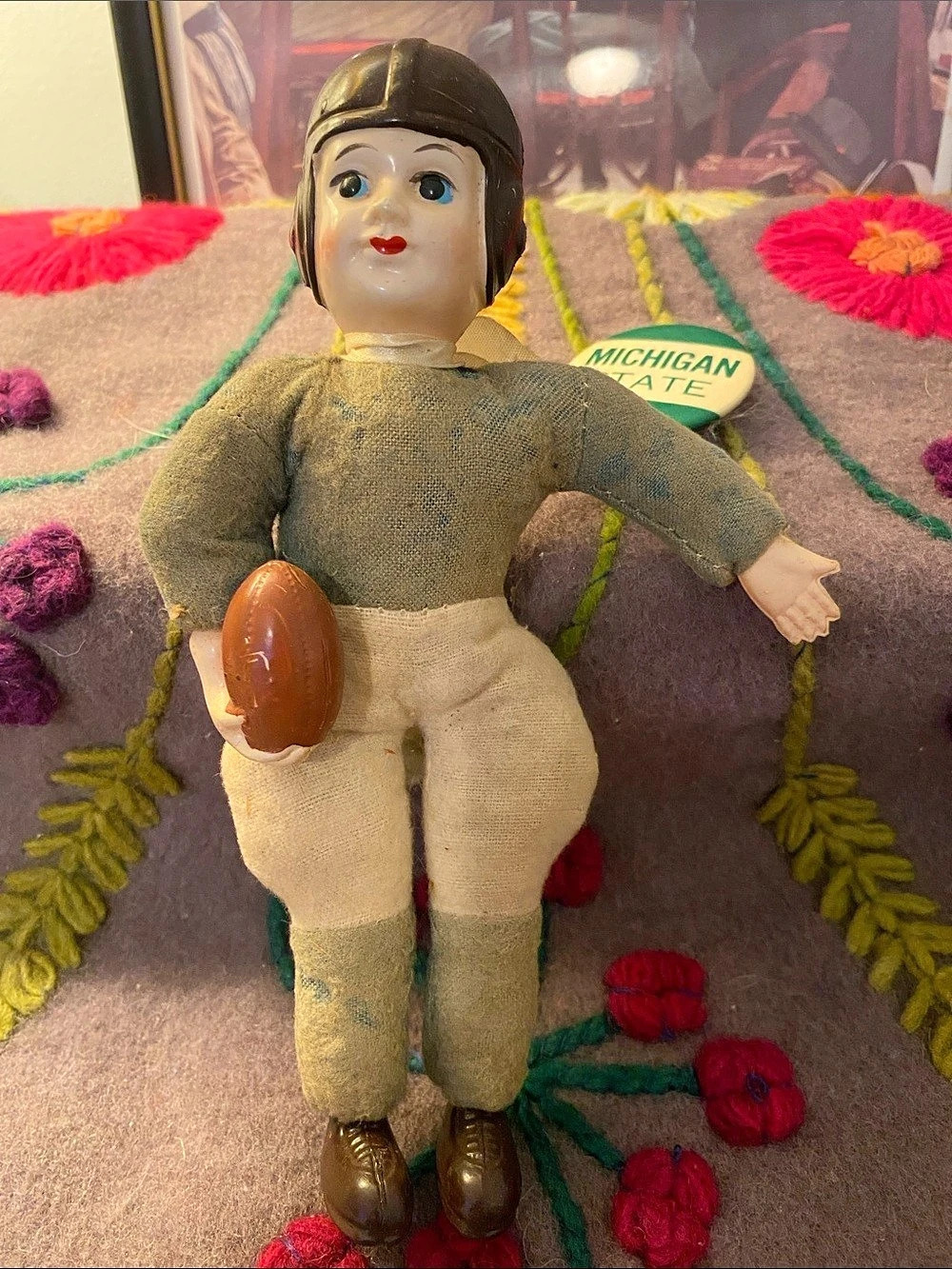 Vintage Celluloid 1930. Michigan State Doll Green White